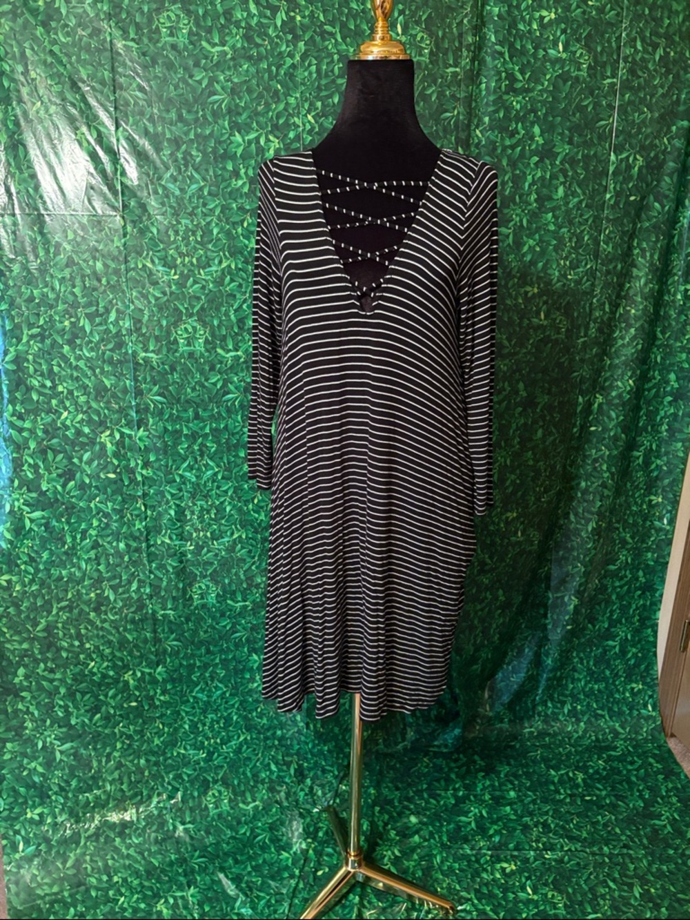 Striped Long Sleeve V-Neck Dress with Crisscross Detail - Black & White